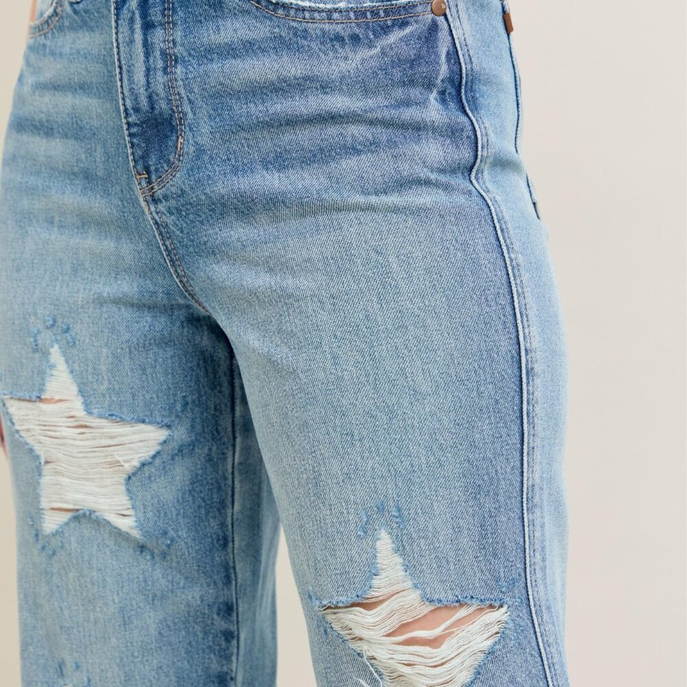 NWT Judy Blue High Waist Rigid Magic Star Shaped Destroy 90's Straight Jeans - Picture 3 of 4